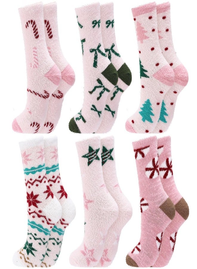 ShinyMatch 6 Pairs Christmas Fuzzy Socks for Women Winter Warm Fluffy Slipper Cozy Light Pink Sock for Xmas Holiday Sleeping - Image 1